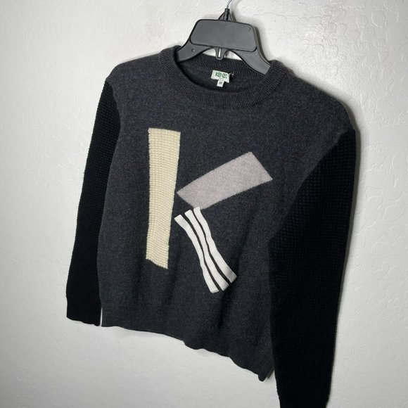 Kenzo Gray Black Colorblock Logo Wool Sweater - Picture 2 of 7